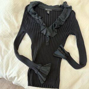 Black Silk Knit Ruffle Neck and Cuff Top